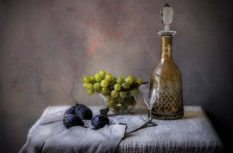 still life, vase, figs, decanter, glass, grapes, 4K