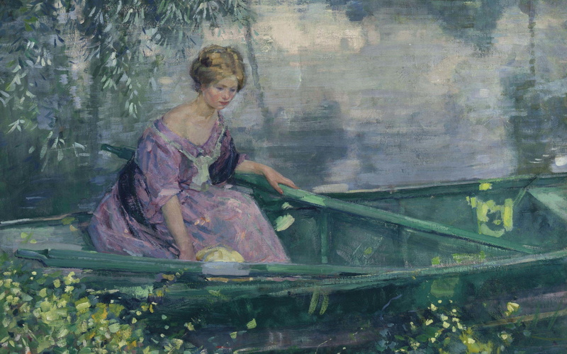 nature, women, boat, Carl Albert Bures, 2K, painting, artwork, classic art, classical art, 1912 (Year)