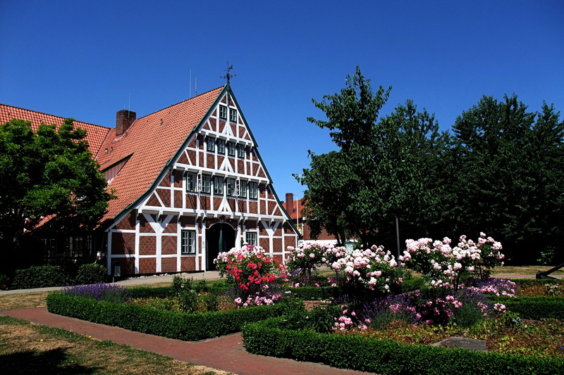 flower, flowering plant, jork, no people, plant, built structure, day, building, truss, clear sky, sky, old country, blue, outdoors, ornamental garden