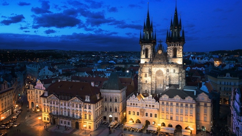 building exterior, high angle view, prague, historic site, gothic style, sky, old town square, no people, night, 4K, outdoors, tyn church, tourist attraction