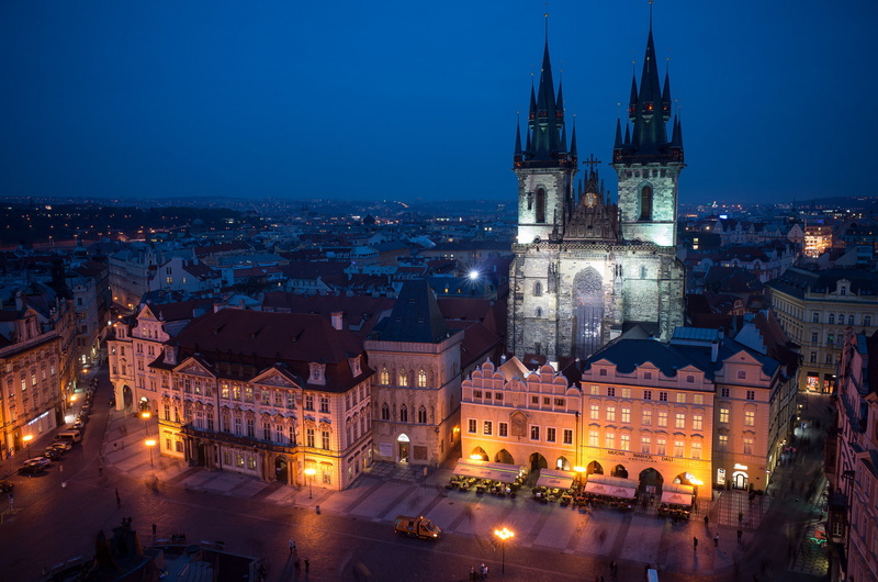dusk, The Old Town, high angle view, place of worship, built structure, the sky, brown, illuminated, Praha, religion, travel destinations, city, spire