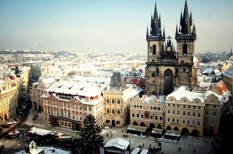 religion, tower, town, roof, bohemia, residential district, sky, Old town square, The Czech Republic, spirituality, crowd, the city, Tyn Church, snow, belief