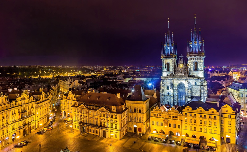 home, 2K, Tyn Church, tower, Palace, area, night, the view from the top, building, lights, temple, Prague, Czech Republic, Old town square