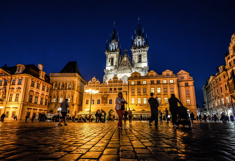 medieval, built structure, city, church, cityscape, night, old, tower, czech, town square, people, bohemia, building exterior, architecture, walking, sky