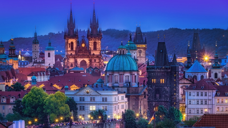 prague, landmark, czechia, skyline, evening, cityscape, 1080P, downtown, old town square, old town, europe, historic site