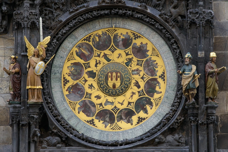 the past, travel destinations, built structure, gold colored, astronomical clock, ornate, representation, art and craft, building exterior, men, astrology