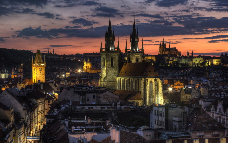 1080P, mesto, night, clouds, stare, orange, capital, center, prague, republic, czech, sunset, sky, lights
