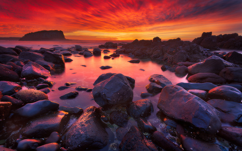 screen, tranquility, sunrise, orange color, flowing water, long exposure, minnamurra, rock - object, nature, red, coast, scenics - nature, sky