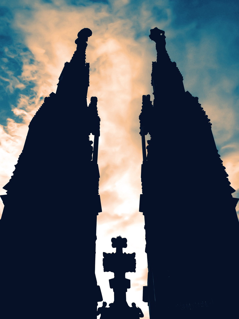 nature, no people, orange sky, cathedral, place of worship, italy, duomo, sky, building exterior, silhouette, statue, sunset, gradient map, religion, spire