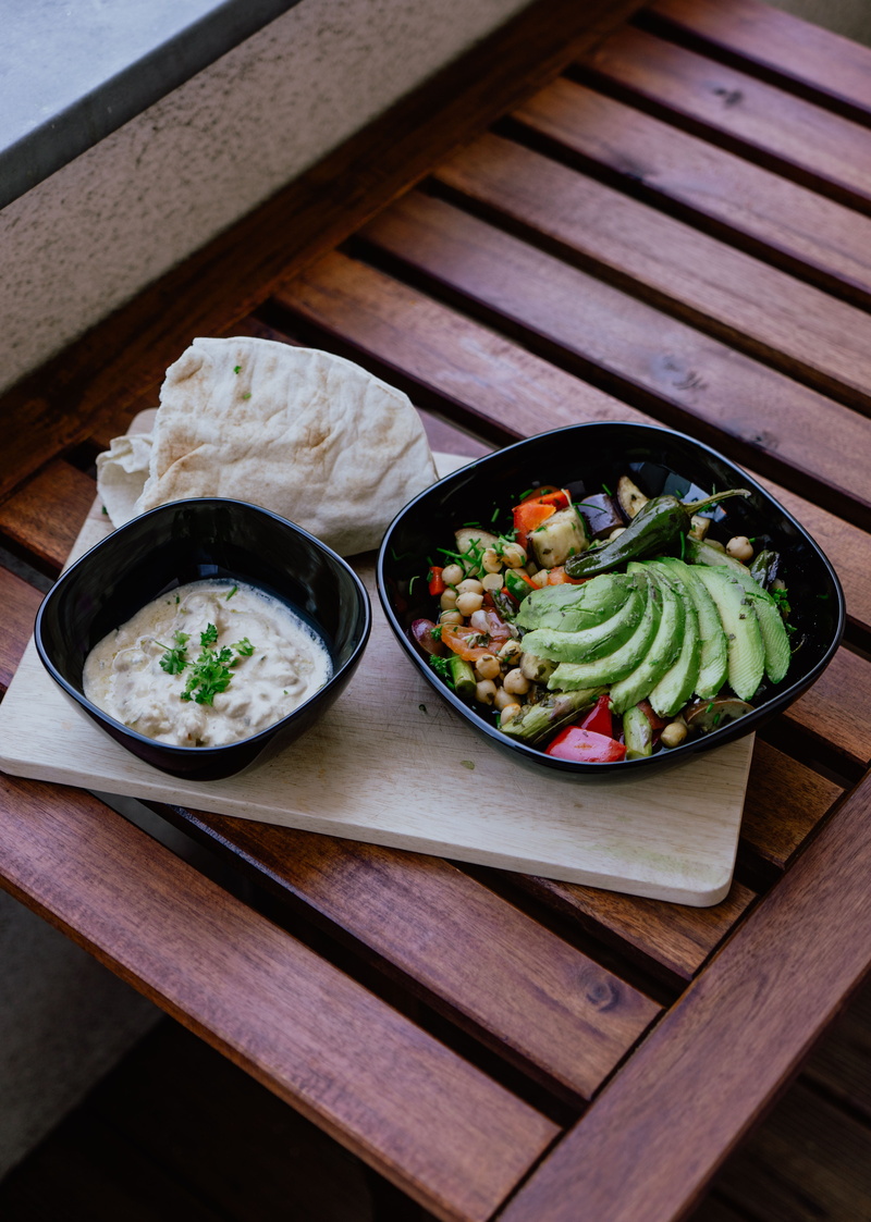 food, wood tray, ready-to-eat, black bowl, tray, plate, wellbeing, bowl, healthy eating, hummu, lunch, serving size, asian food, vegetarian, mayonnaise