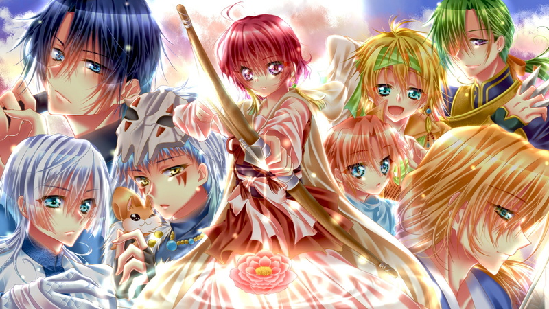 1080P, art, Dawn Yona, bow, Akatsuki no Yona, guys, flower, anime, characters, girl, dragons, arrow