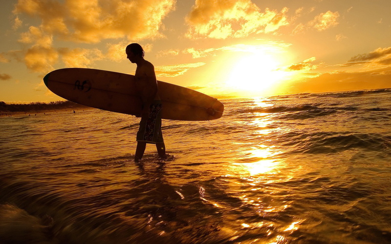 surfboards, sunset, 2K, landscape, men