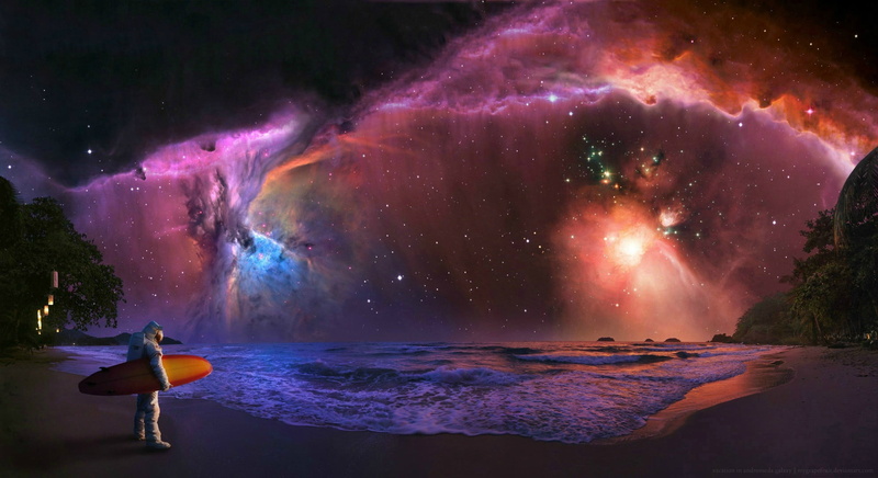 surfboards, land, full length, adult, nature, digital art, outdoors, space, rear view, astronaut, scenics - nature, 1080P, star - space, galaxy, beauty in nature