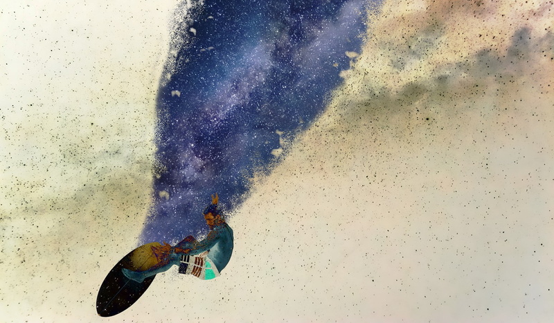 one person, day, multi colored, space, sports equipment, adventure, extreme sports, outdoors, sky, water, nature, glitch art, lifestyles, stars, universe