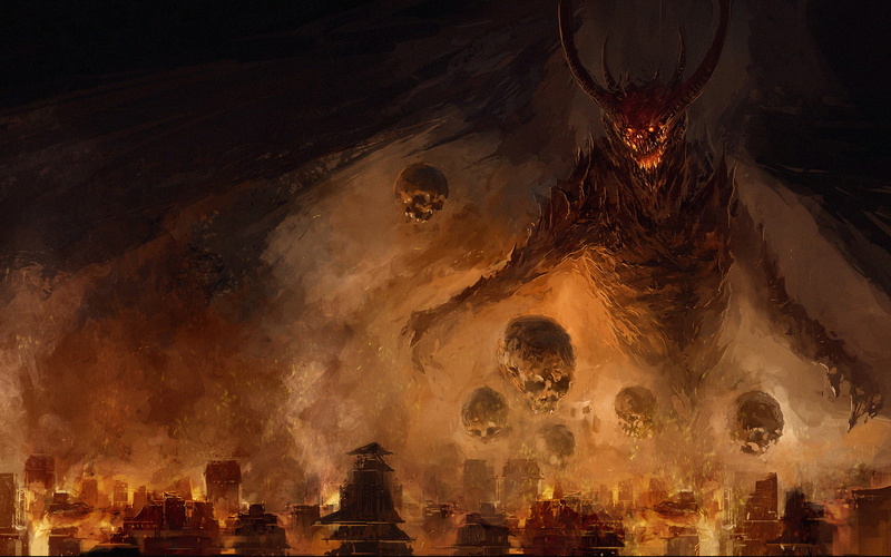 illuminated, fire, the demon, art, orange color, low angle view, backgrounds, Spikes, wings, devil, long exposure, Chris Cold, ceiling, dark, skull, lighting equipment
