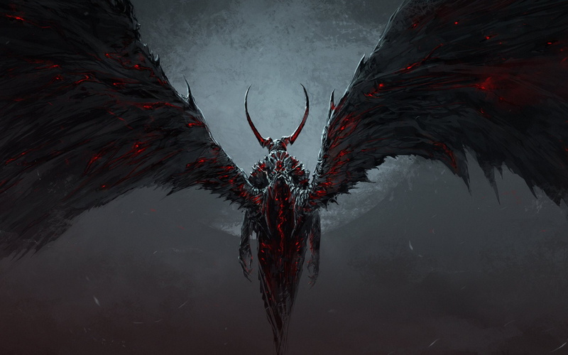 wings, art, chris, 1080P, Cold, demon, horns, Moon, fire