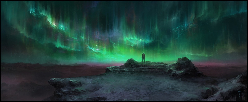 fantasy art, cliff, aurorae, 1080P, digital art, Chris Cold, alone