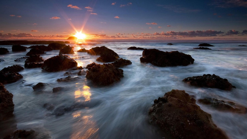 rock - object, coast, auckland, horizon over water, sea, horizon, new zealand, land, sky, water, cloud - sky, outdoors, wave, 1080P, sunset, shore, sun