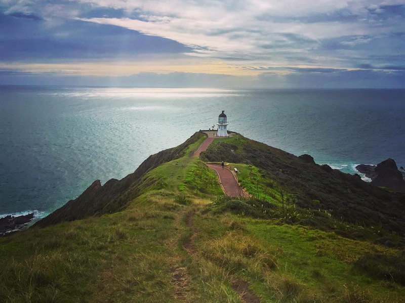 sea, top, green mountain, New Zealand  white, cliff, white, Cape Reinga, 480P, green, lighthouse, nature, coastline, mountain