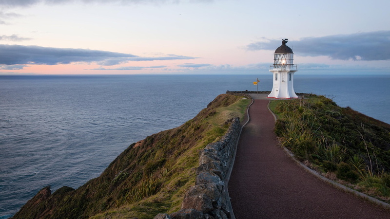 1080P, water, New Zealand, lighthouse, grass, sky, Cape Reinga lighthouse, far view, sea, rocks, horizon, clouds, landscape, sunrise