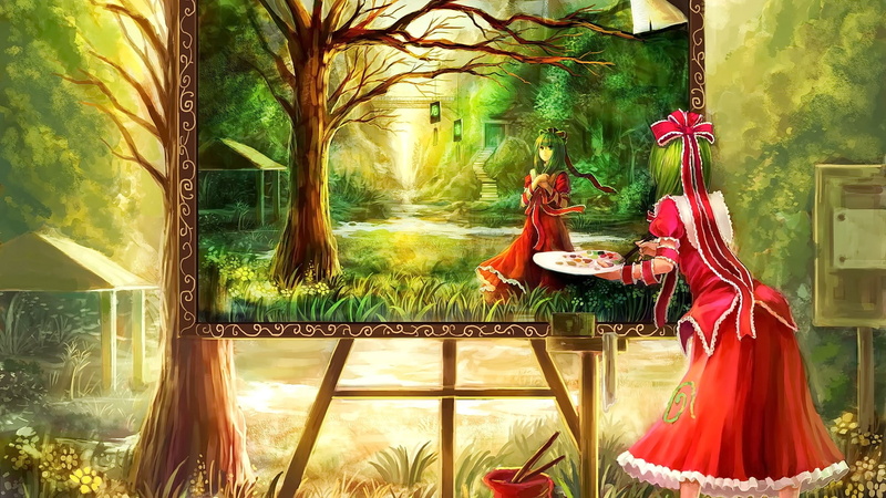 Kagiyama Hina, green hair, anime, painting, Touhou, anime girls, green eyes, short hair, 1080P