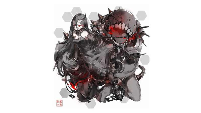 weapon, 1080P, monster girl, Kantai Collection, chains, animals, red eyes, anime girls, anime, armor, horns