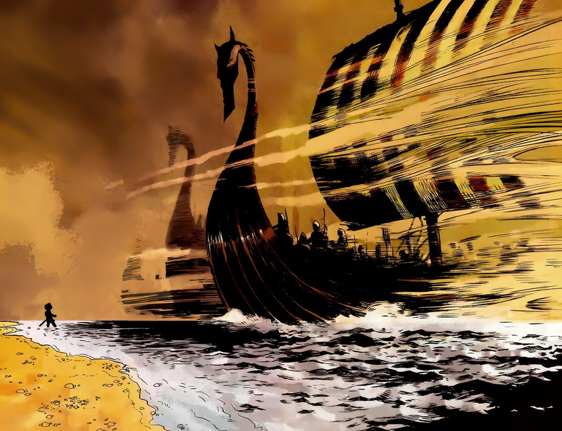 Vikings, ship, fantasy art, 2K