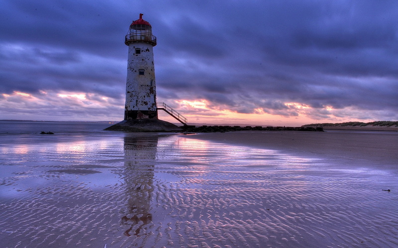 Wales, Clouds, Kingdom, Sunset, Evening, United, Lighthouse, Sea, 1080P, Beach