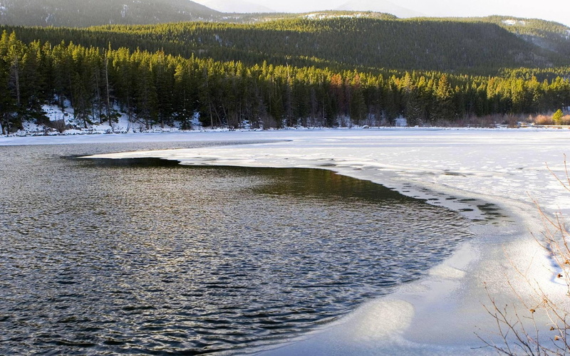 ice, water, lake, 1080P, forest, daylight, winter, nature, trees, cold, mountain, nature and landsca