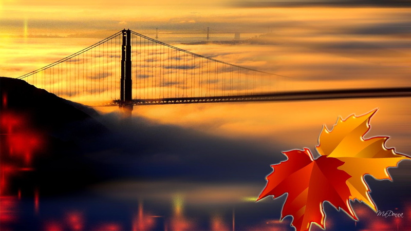 lights, autumns, leaves, autumn, maple, fall, clouds, reflection, nature and landsca, 1080P, sunset, water, bridge