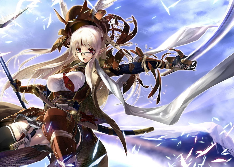 weapon, glasses, 720P, hair, cape, original, pointed, hat, thighhighs, ears, samurai, armor, kiltaka, red, blonde, long, eyes, katana, sword