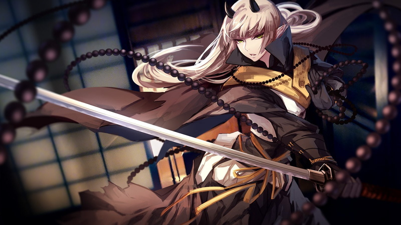 ears, 720P, fantasia, hair, green, pixiv, weapon, skade, sword, eyes, pointed, katana, chain, horns, cape, long, original, gray