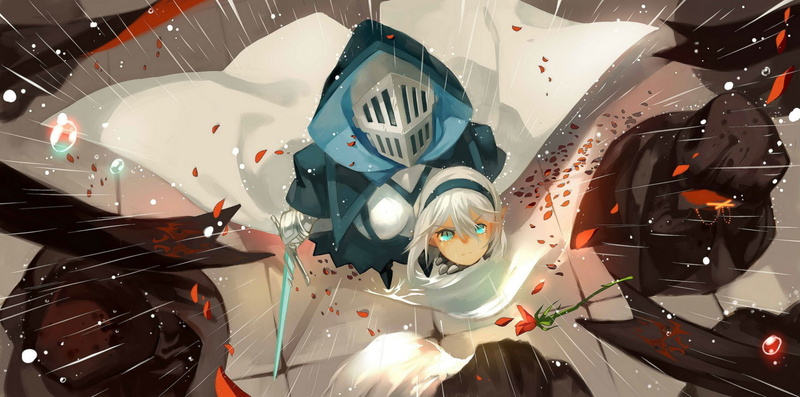 cape, headband, 720P, armor, sword, water, pointed, joseph, rose, fantasia, rain, hair, lee, pixiv, petals, white, mavis, ears, flowers, weapon