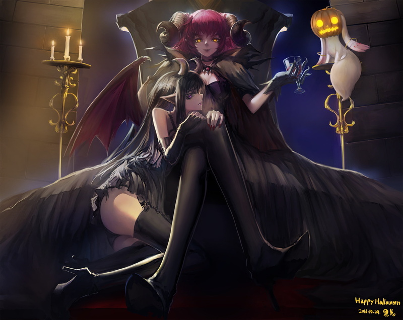 mahou, cape, long, eyes, shoujo, yellow, fang, kyuubee, purple, hair, halloween, pointed, 1080P, pumpkin, ears, black, horns, signed, demon, pink, thighhighs