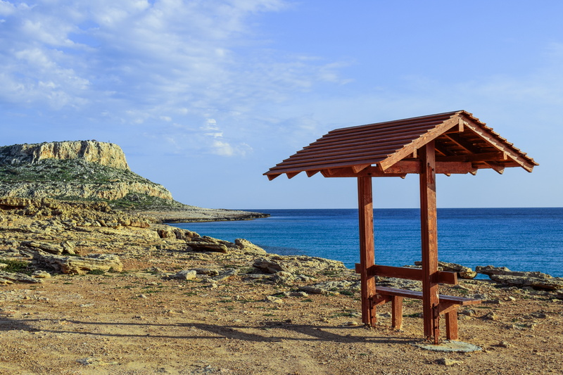 tranquil scene, built structure, nature, thatched roof, no people, cloud - sky, national park, cavo greko, 5K, architecture, horizon over water, water