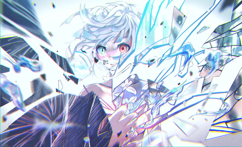water drops, 1080P, anime girls, short hair, splashes, broken glass, heterochromia, blonde, flowers, mirror, white background, looking away, anime