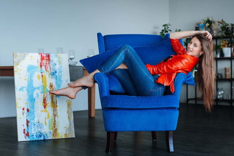 barefoot, blue, brunette, model, women, 1080P, jeans, jacket, women indoors, interior, tiptoe, red jackets, long hair, chair