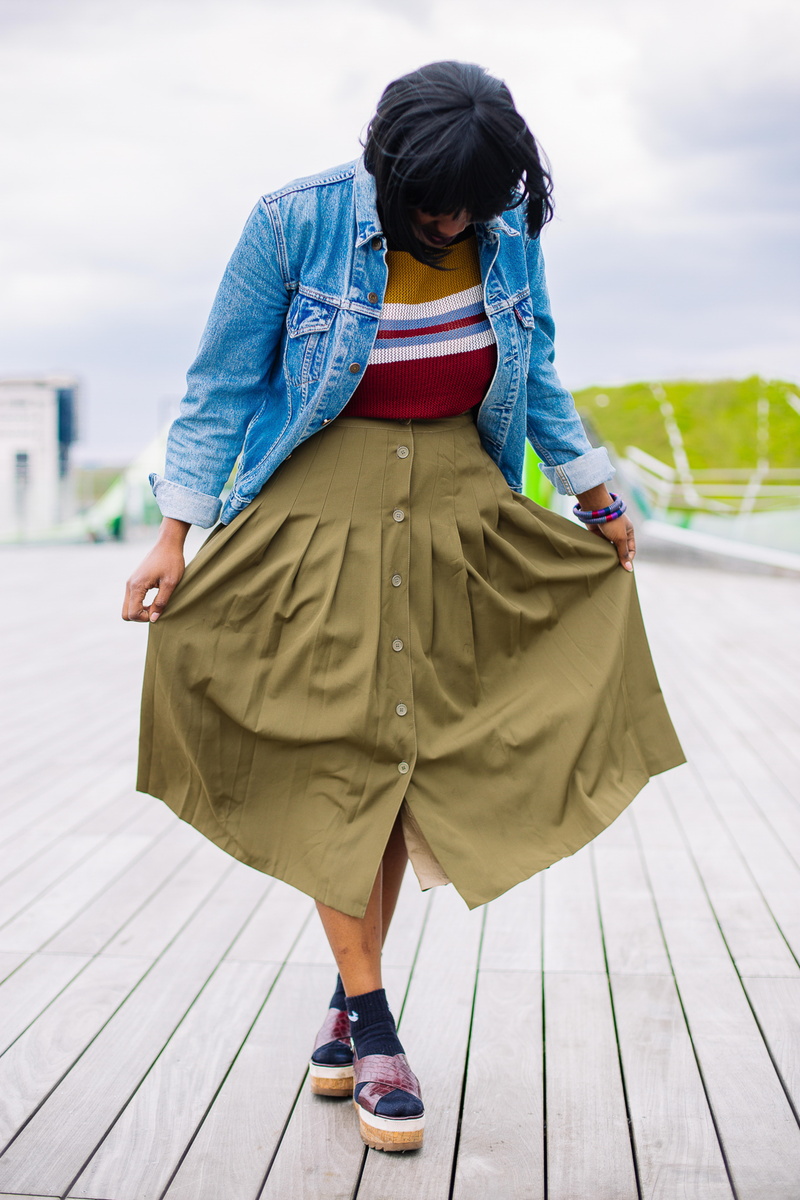 girls, fashion, style, day, front view, depth of field, photoshoot, fashionable, socks, hair, wearing, denim jacket, full length, wear, teenager, focus on foreground