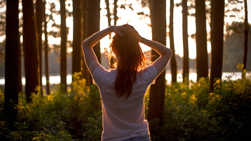 shirt, morning, meditating, wearing, lifestyles, woodland, trees, sunrise - Dawn, outdoors, women, back Lit, facing, vitality, model, s, woods, summer