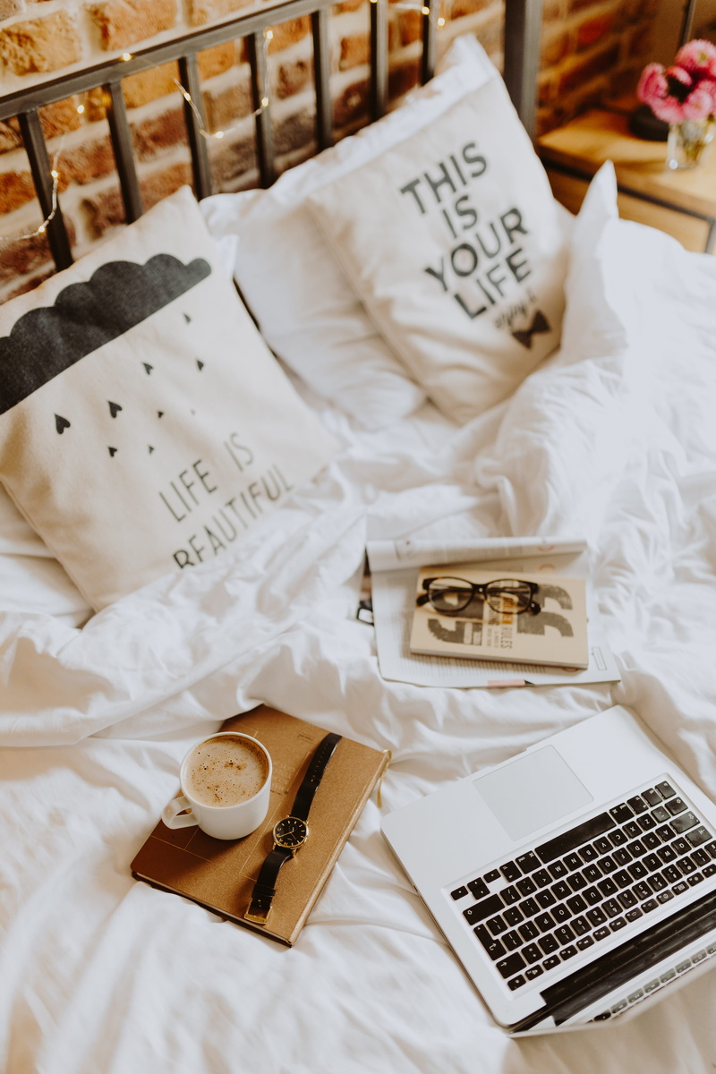 bed office, no people, interior, bricks, table, western script, apartment, laptop, 5K, still life, bedroom, morning, publication, coffee, technology, text