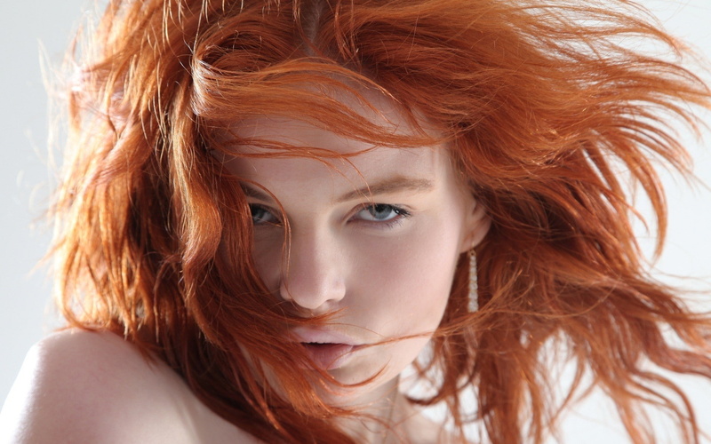 portrait, women, face, hair in face, model, 1080P, looking at viewer, redhead, open mouth, white background, wavy hair