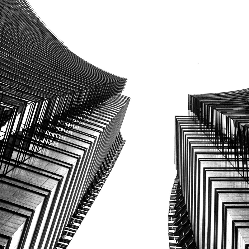 architectural feature, black white, city, day, tower, s, abstract, office building exterior, high rise, clear sky, outdoors, nature, modern, architecture