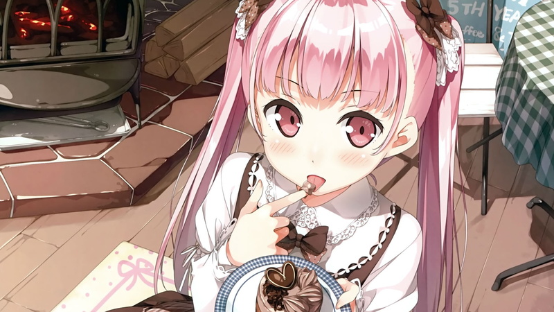 chair, solo, day, human representation, low angle view, Miyaguchi Kanna, hair bows, pink eyes, sunlight, art and craft, design, blushing, cake, retail display