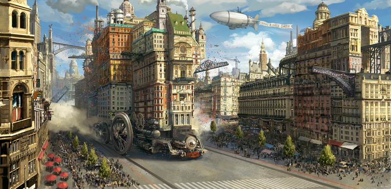 1080P, steampunk, fantasy art, landscape, airships, SY-37, cityscape, digital art, fantasy city