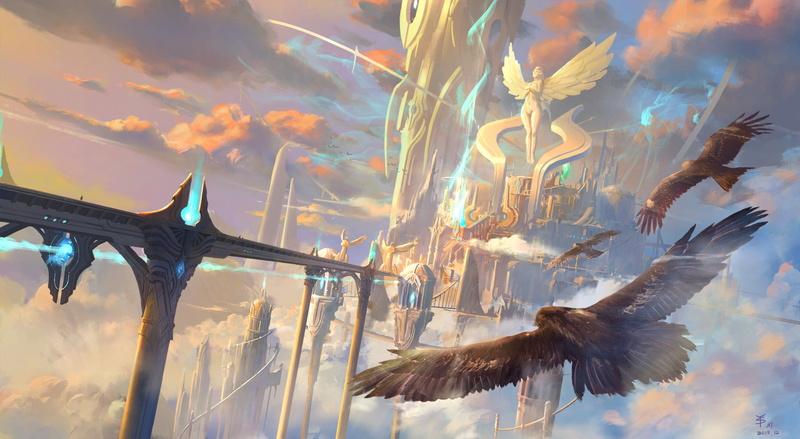 landscape, digital art, birds, fantasy art, SY-37, fantasy city, clouds, 720P