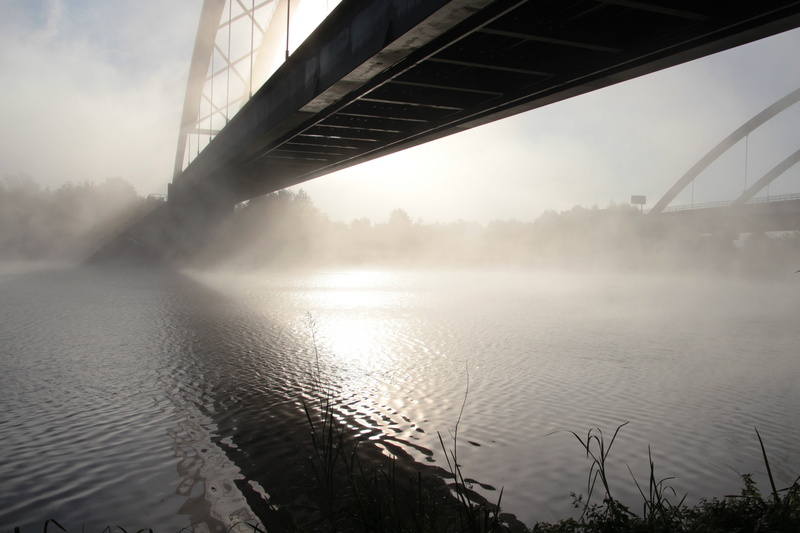 bridge - man made structure, tranquility, reflection, backlighting, no people, fog, sunlight, saarland, city, skyscraper, morning sun, mood, architecture