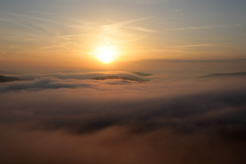 fog, meteorology, orange color, landscape, sky, sunlight, sea, no people, majestic, tranquility, saarland, morning mist, dramatic sky, foggy, tranquil scene