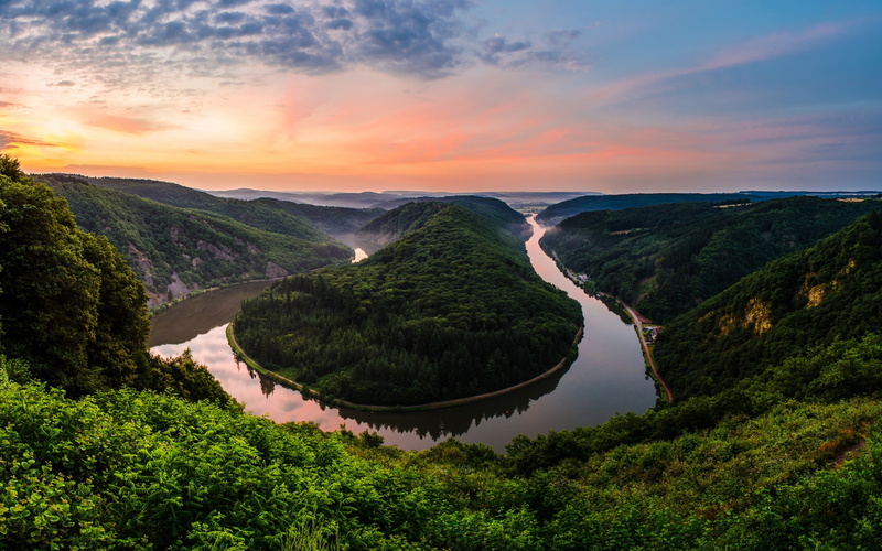 Saarschleife, road, town, sunset, trees, valley, Germany, 2K, clouds, river
