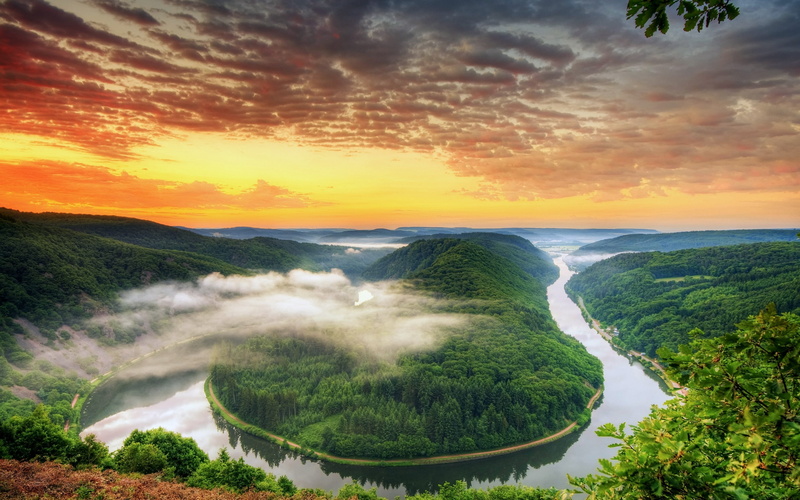 clouds, 2K, art, water, rivers, hd, saarschleife, x, evening, nature, trees, saarland, germany, sunset