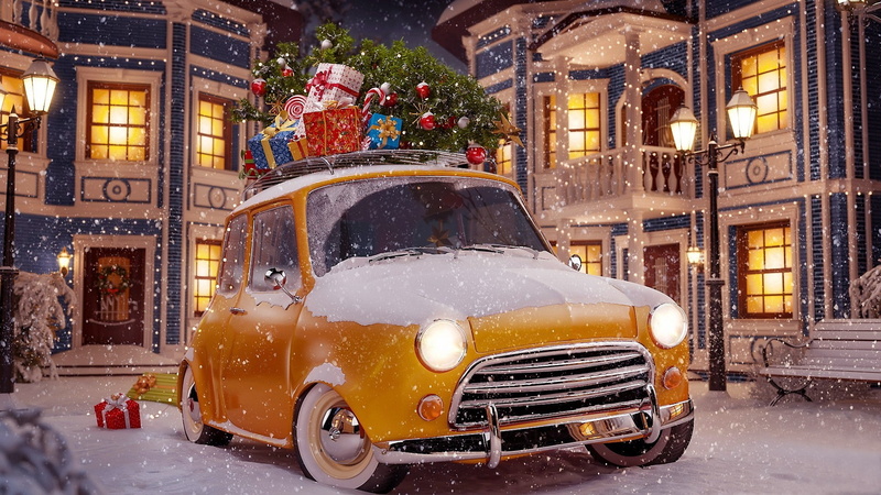 1080P, xmas, christmas, vehicle, presents, shopping, gifts, winter, car, vintage car, snow, street, antique car, classic